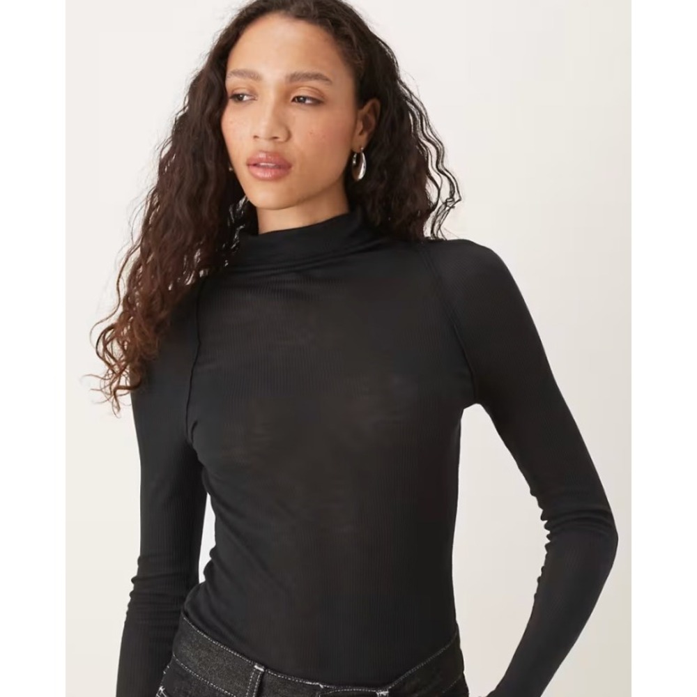 Free People Intimately Top Womens Medium Black Mock Neck Long Sleeve
